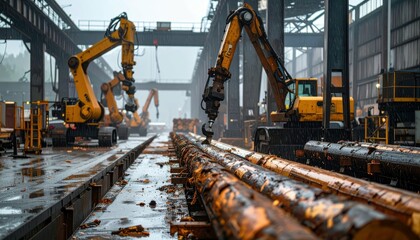 Industrial Logging Facility with Heavy Machinery Under Rainy Sky