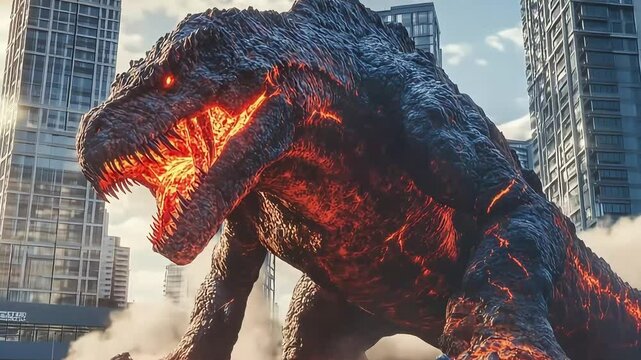 A colossal creature resembling a volcanic monster emerges from a cityscape, towering over skyscrapers