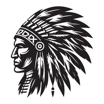 Native American Indian Chief Head Silhouette with Feather Headdress Vector