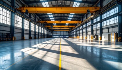 Obraz premium Bright and Spacious Industrial Warehouse Interior with Crane and Shadows