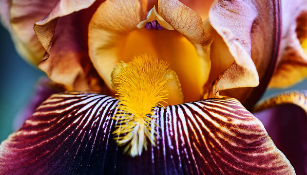 close up of vinous and yellow iris petal with stamen