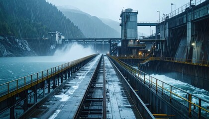 Fototapeta premium Industrial Power Plant Facility Under Rainy Weather Conditions