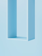 Minimal blue 3D scene with geometric open box frame for product display or mockup. Clean, modern backdrop with copy space. 3D Render.