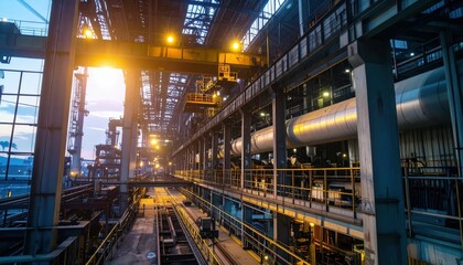 Obraz premium Industrial Factory Interior with Machinery and Illuminated Atmosphere