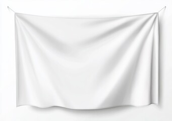 Naklejka premium White blank fabric banner hanging on metal clamps, isolated vector illustration with clipping path. Realistic mockup of a white cloth flag for a design template, print, or Adobe Illustrator concept.