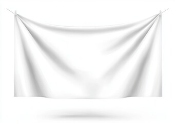 White blank fabric banner hanging on metal clamps, isolated vector illustration with clipping path. Realistic mockup of a white cloth flag for a design template, print, or Adobe Illustrator concept.