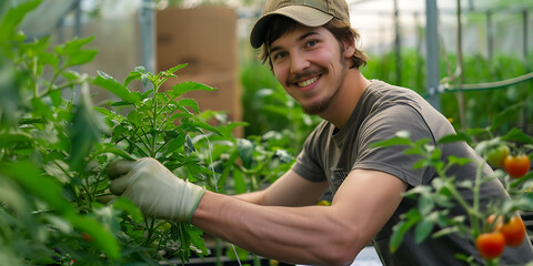 Obraz premium Person pruning tomato plants in greenhouse among vibrant green foliage