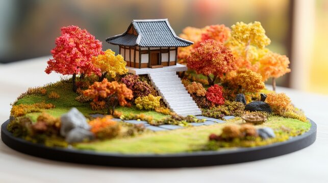 Intricate miniature ama of a traditional East Asian temple set in a vibrant autumn landscape with trees, stone pathways, and a serene water body
