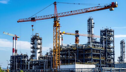 Construction and operation of industrial refinery with cranes
