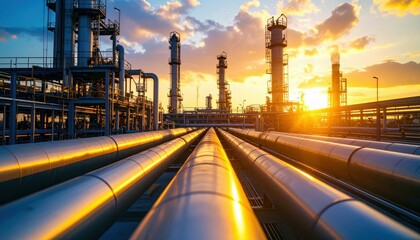 Industrial Landscape with Pipes and Towers during Sunset
