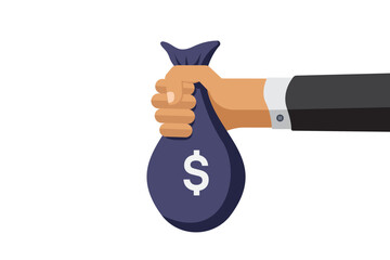 Illustration of a businessman’s hand holding a money bag with a dollar symbol, representing wealth, earnings, and finance concepts, perfect for investment, corporate, and economic illustrations.