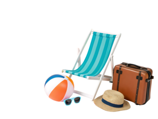 A beach chair with a suitcase, beach ball, sunglasses, and a hat against a black background