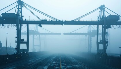 Obraz premium Industrial Harbor Cranes in Foggy Conditions at Dawn