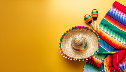 cinco de mayo holiday background made from maracas mexican blanket stripes or poncho serape and hat on yellow background