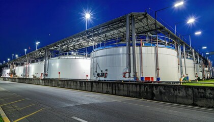 Obraz premium Industrial Storage Tanks at Night with Street Lights and Clear Sky