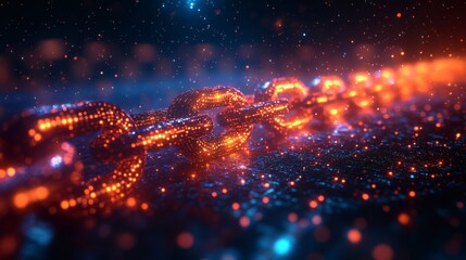 Obraz premium Connected metal chain links with glowing particles and intricate details, symbolizing strength and connection, on a transparent background, PNG image, PNG file.