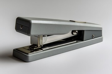 A gray metal stapler rests on a white surface.