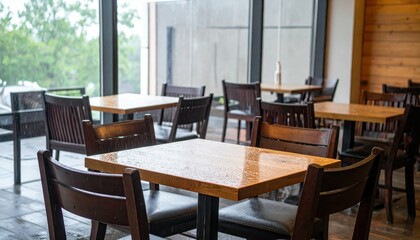 Fototapeta premium Modern cafe interior with wooden tables and rain-soaked glass windows