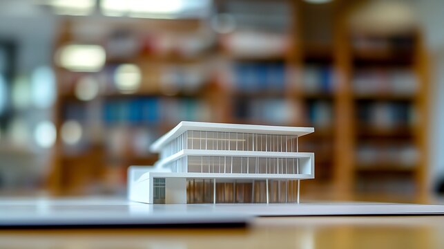 Small Scale Model of University Building on Desk in Well-Lit Real Estate Office