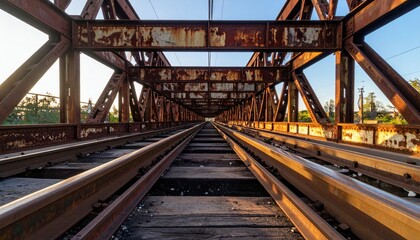 Rusty Railway Bridge with Perspective View on Tracks at Sunset