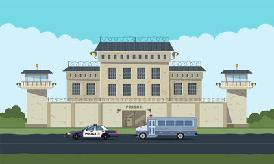 The city prison building with two guard towers on a high fence with barbed wire, a bus for transporting prisoners and an escort vehicle. Vector illustration