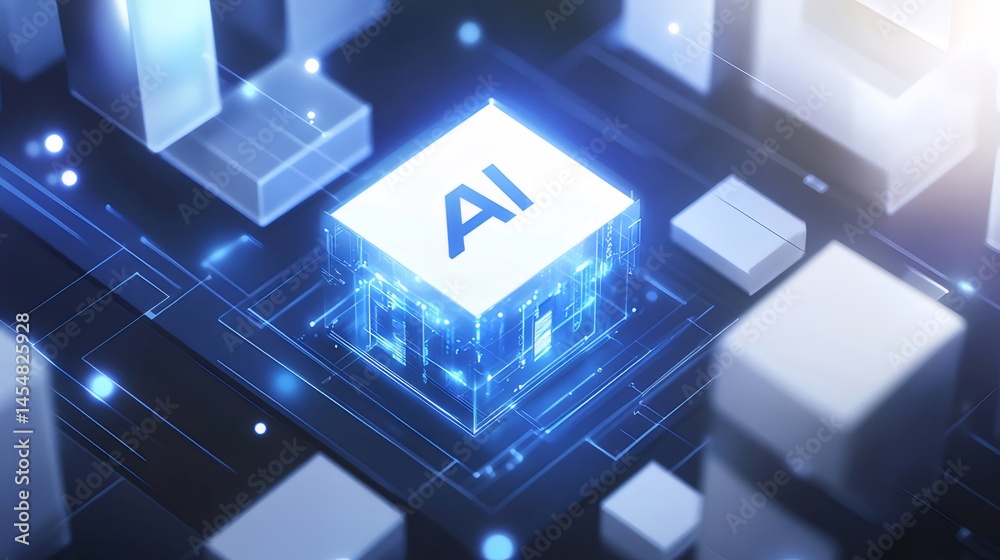 Poster 青色の光を放つaiチップと回路基板の未来的なデジタルデザイン