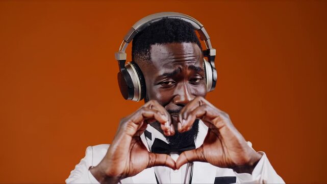 Emotional man in tuxedo with headphones making heart gesture with hands against orange background