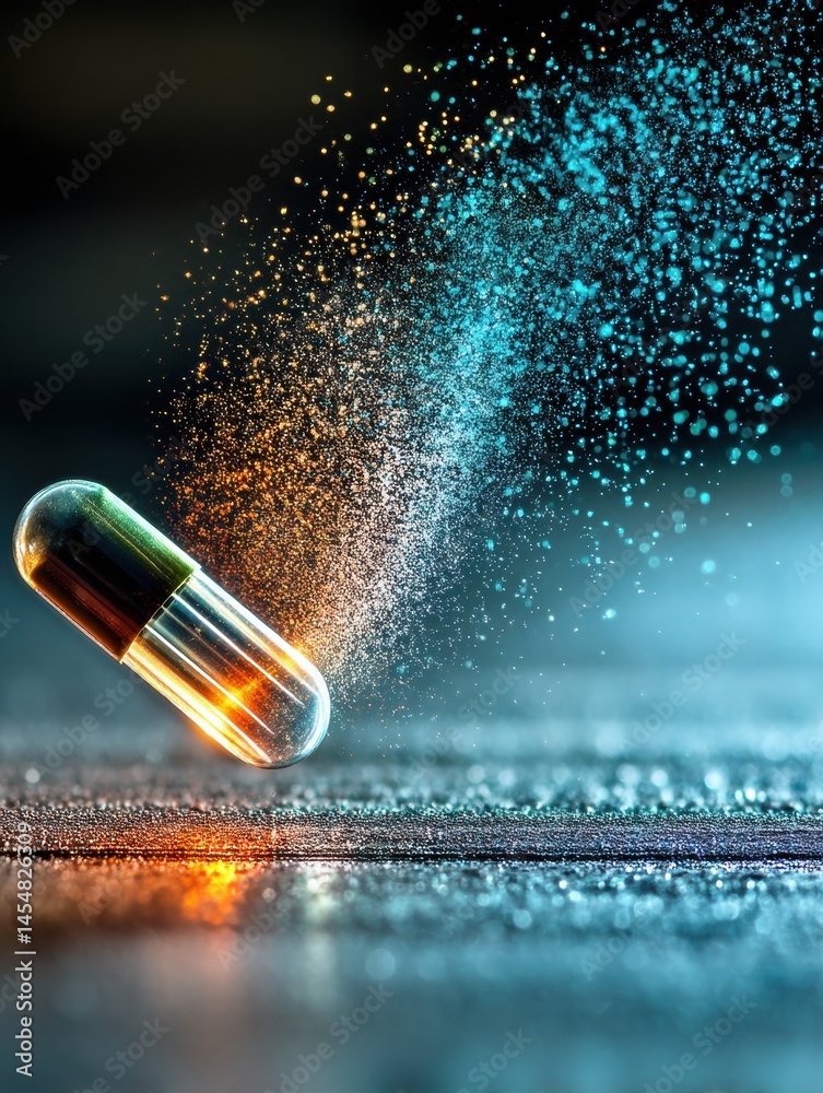 Aufkleber Capsule Splitting Mid-Air With Vibrant Powder Particles Dispersing in Various Colors Generative AI