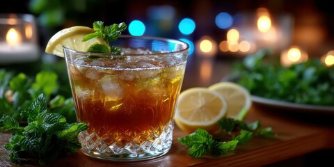 Refreshing mint and lemon cocktail served in a crystal glass garnished with mint leaves and lemon slices at an evening gathering