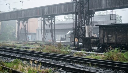 Fototapeta premium Rainy Day at Abandoned Train Station with Overgrown Tracks