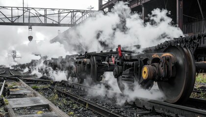 Fototapeta premium Vintage Train Wheels Surrounded by Steam in Industrial Setting
