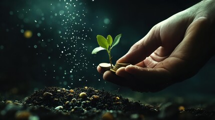 Fototapeta premium Growing money concept with hand holding coins and small plant sprouting from them, symbolizing investment and financial growth