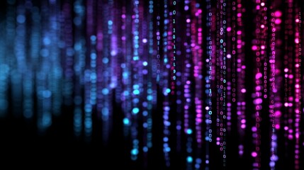 Glowing binary code streams in blue and pink on dark background in digital style.