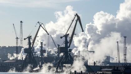 Industrial Dock with Cranes and Smoke in Harbor during Daytime