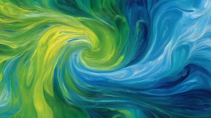 Fototapeta premium Abstract swirl of green and blue brush strokes in dynamic fluid motion on canvas.