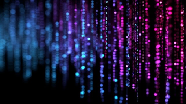Glowing binary code streams in blue and pink on dark background in digital style.