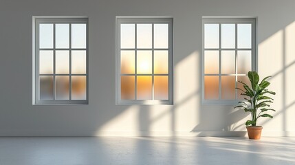 Sunlit room with three windows and potted plant
