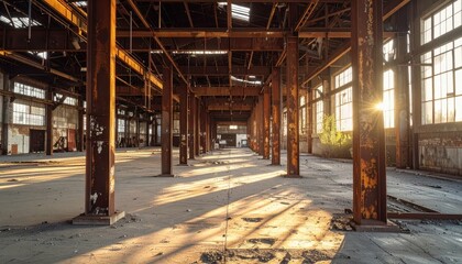 Fototapeta premium Abandoned Industrial Warehouse with Sunlight and Rusty Pillars