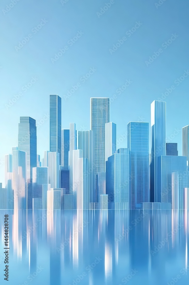 Poster 青い高層ビル群の都市景観 水面反射とモダンなデザイン 都会的な未来都市の建築光景