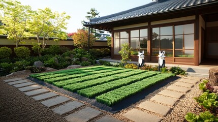 Obraz premium A Serene Japanese Garden with Lush Green Sprouts Surrounded by Stepping Stones and Two Stylish Dark Fox Statues for Tranquil Natural Beauty