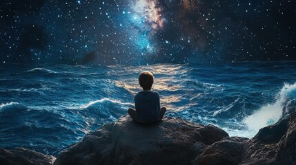 Obraz premium A child sitting on a rock near the ocean watching the stars and listening to the waves crash below.