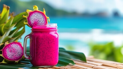 Vibrant Dragon Fruit Smoothie in Mason Jar Beachside
