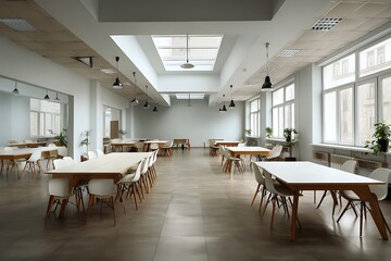 Fototapeta premium A modern, minimalist dining hall bathed in natural light from skylights and large windows, with rows of empty tables and chairs.