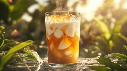 High Angle Iced Coffee Glass on Rustic Wooden Table