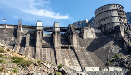 Obraz premium Modern Concrete Dam Surrounded by Rocky Landscape and Blue Sky