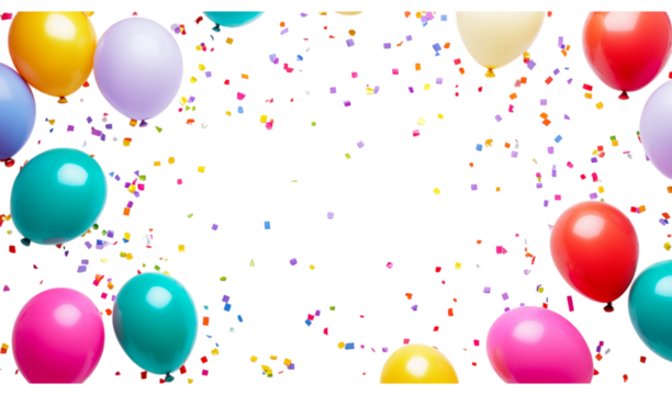 A vibrant birthday background with colorful balloons and confetti on Png Format and Transparent Background