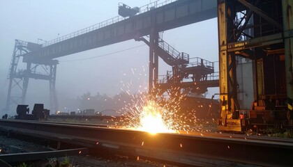 Sparks Flying from Metal Cutting on Industrial Railway at Dusk