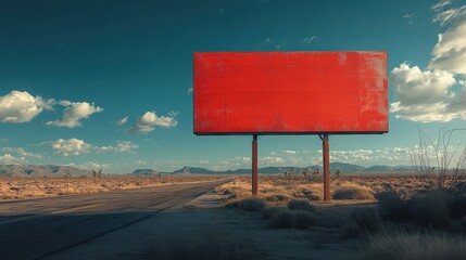 A deserted road cuts through a vast, arid landscape where an empty red billboard, a potential canvas for advertisements, stands as a stark reminder of the solitude that exists beneath a brilliant