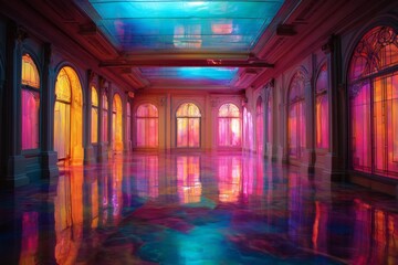 Obraz premium A stunning interior with vibrant reflections and colorful light, casting shadows on the building. The scene evokes a sense of peace and beauty.