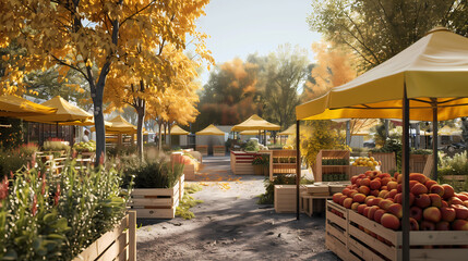 Obraz premium sustainable city market, cherry red produce, butter yellow tents, aura indigo sky, dill green booths, alpine oat crates